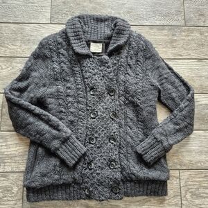 Chunky Grey Cable Knit Shawl Collar Cardigan Heavy Wool Blend Coatigan XL